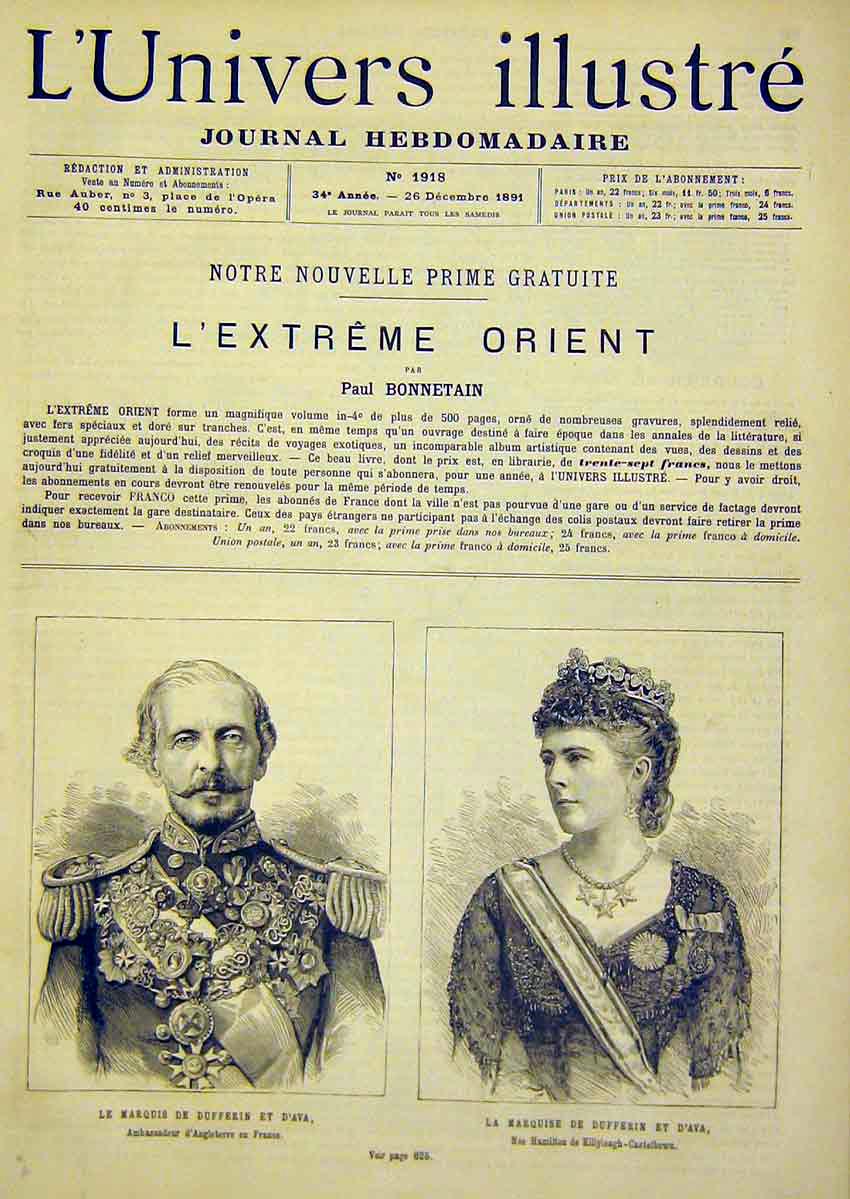 Original Old Antique Print Portrait Marquis Dufferin D'Ava French 1891 Victorian