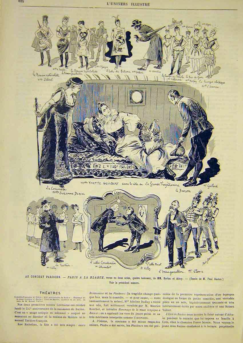 Original Old Antique Print Theatre Sketches Destez Scenes Guilbert French 1891