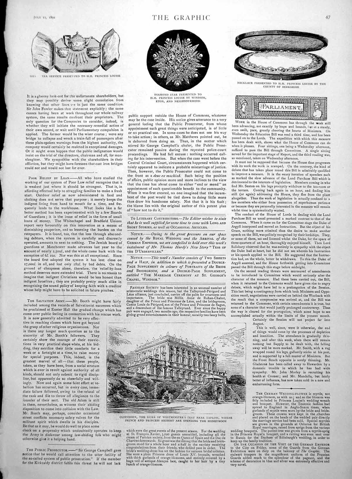 Antique Old Print Royal Wedding Bridegrooms Arrival Cleveden Honeymoon 1891 19th
