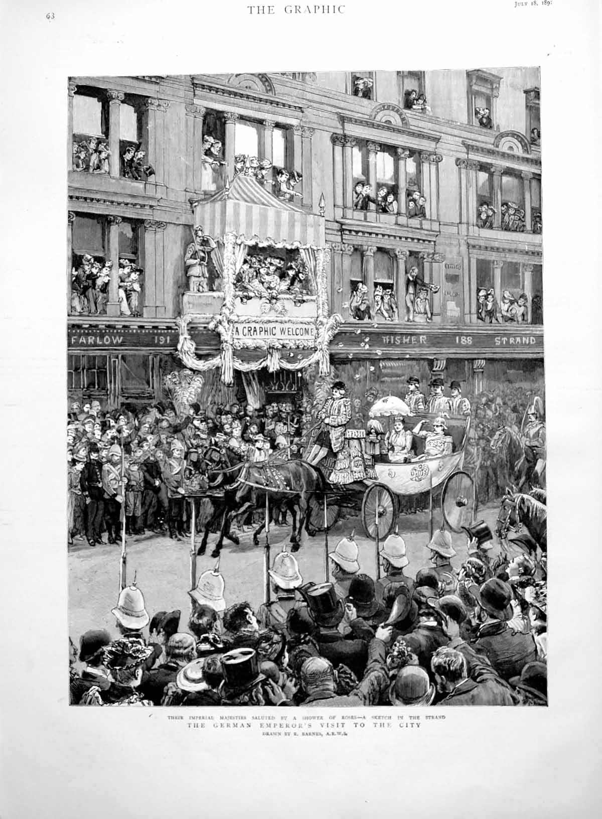 Old Print German Imperial Majesties Visit Sketch Strand Shower Roses 1891 19th
