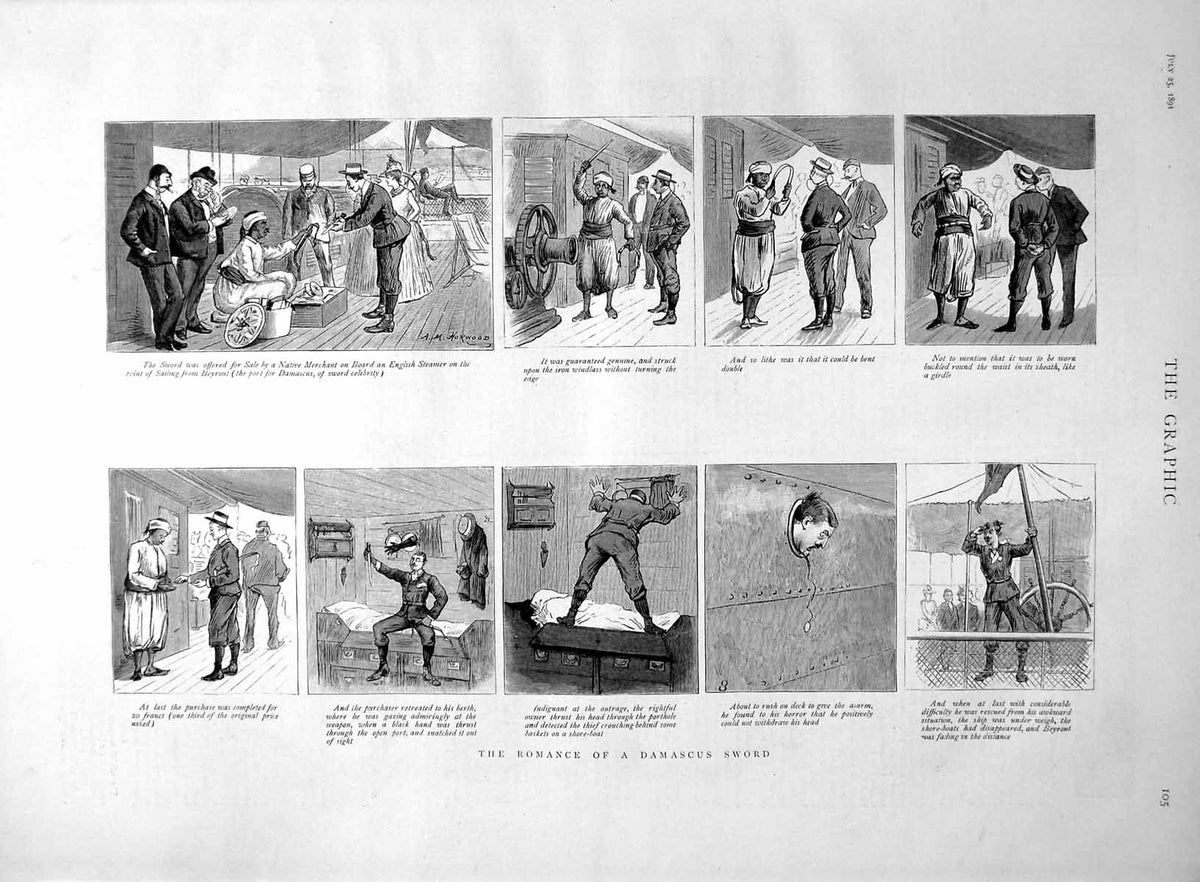 Original Old Antique Print Romance A Damascus Sword Purchase Aboard Ship 1891
