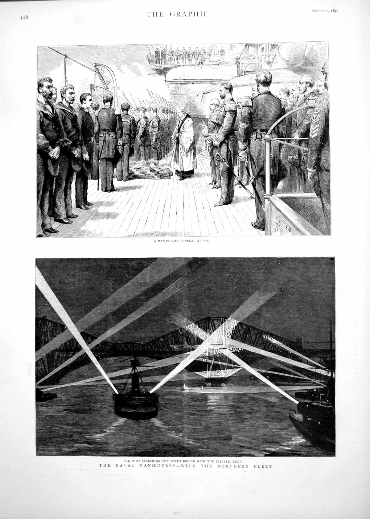 Antique Old Print Man-Of-War Funeral At Sea Ships Searching Forth Bridge 1891