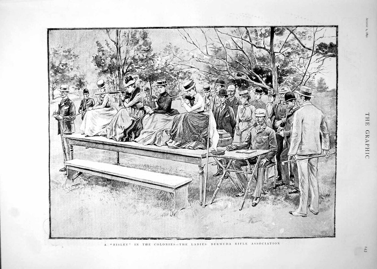 Old Print A Bisley Colonies Ladies Bermuda Association Firing Seated 1891 19th