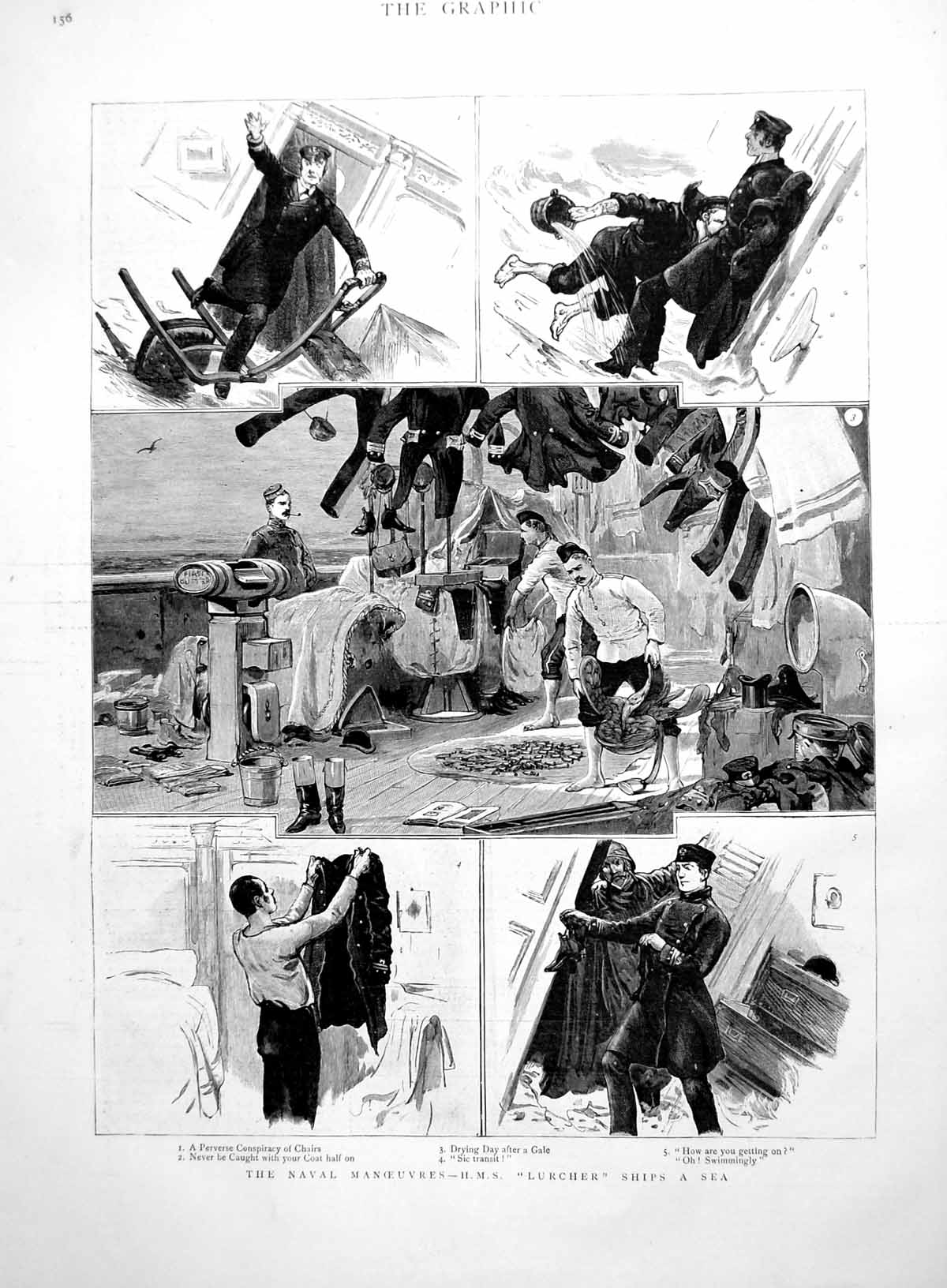 Old Naval Manoeuvres H.M.S. Lurcher At Sea Drying Day After Gale 1891 Victorian