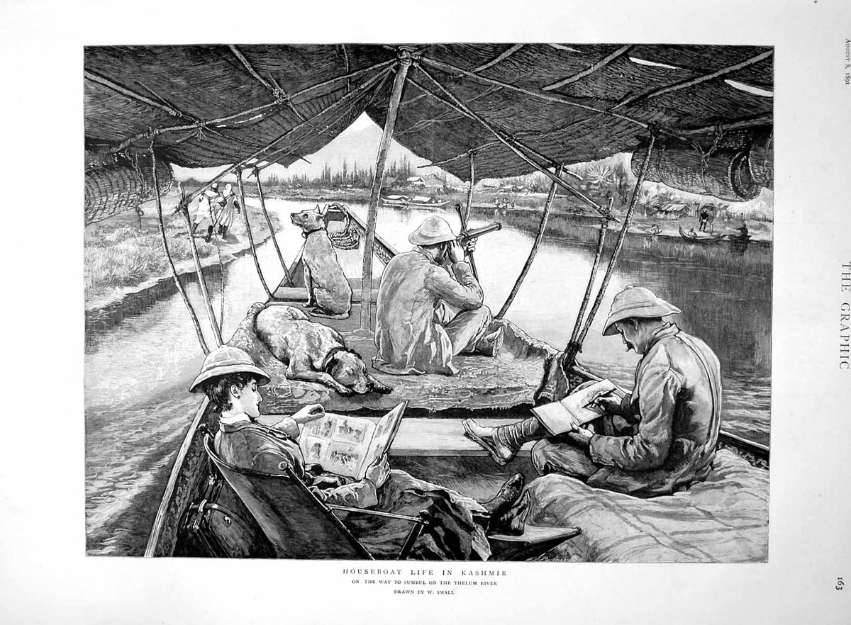 Antique Print Houseboat Life In Kashmir Heading Sumbul On Thelum River 1891