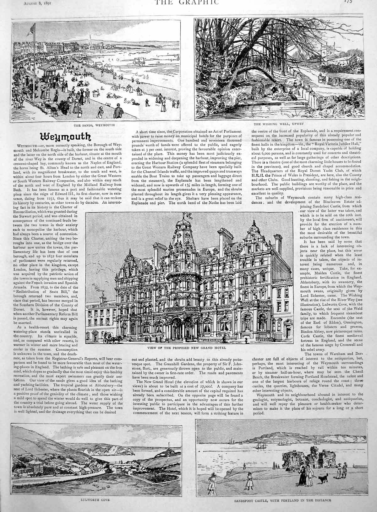 Antique Old Print Silver Plate Dover College Weymouth Sands Hotel Cove 1891