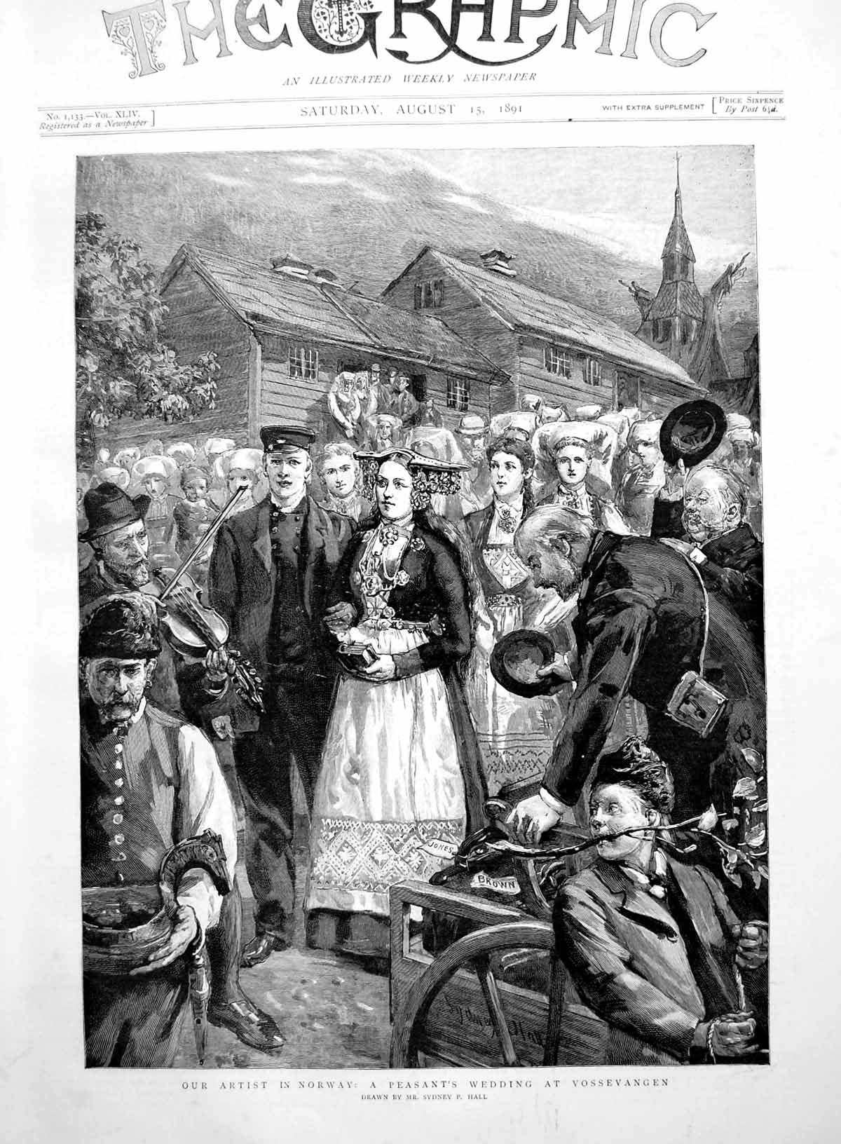 Antique Old Print Peasant'S Wedding Vossevangen Norway Sp Hall Costumes 1891