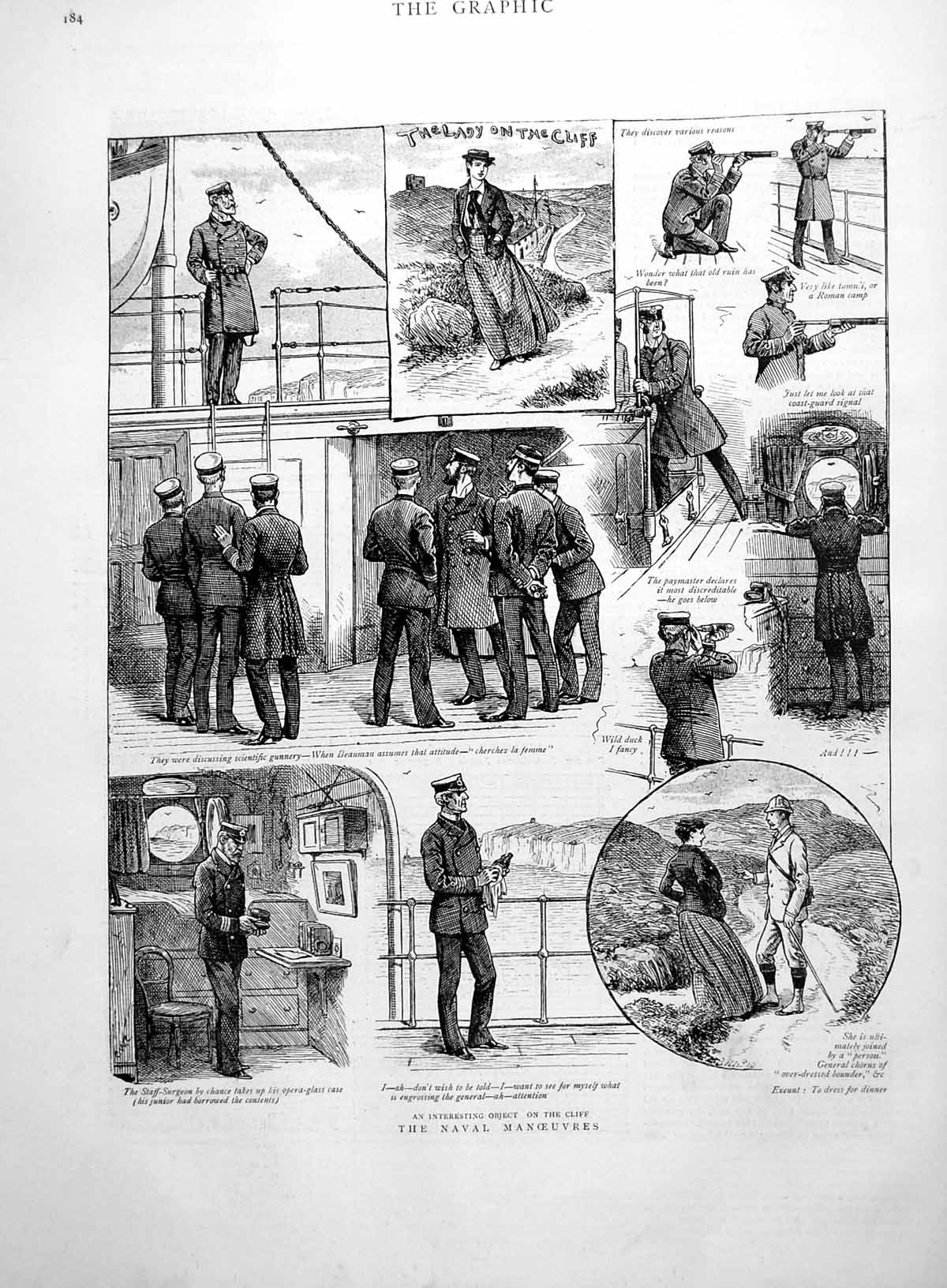 Old Print Naval Manoeuvres Interesting Lady Cliff Searching Officers 1891 19th