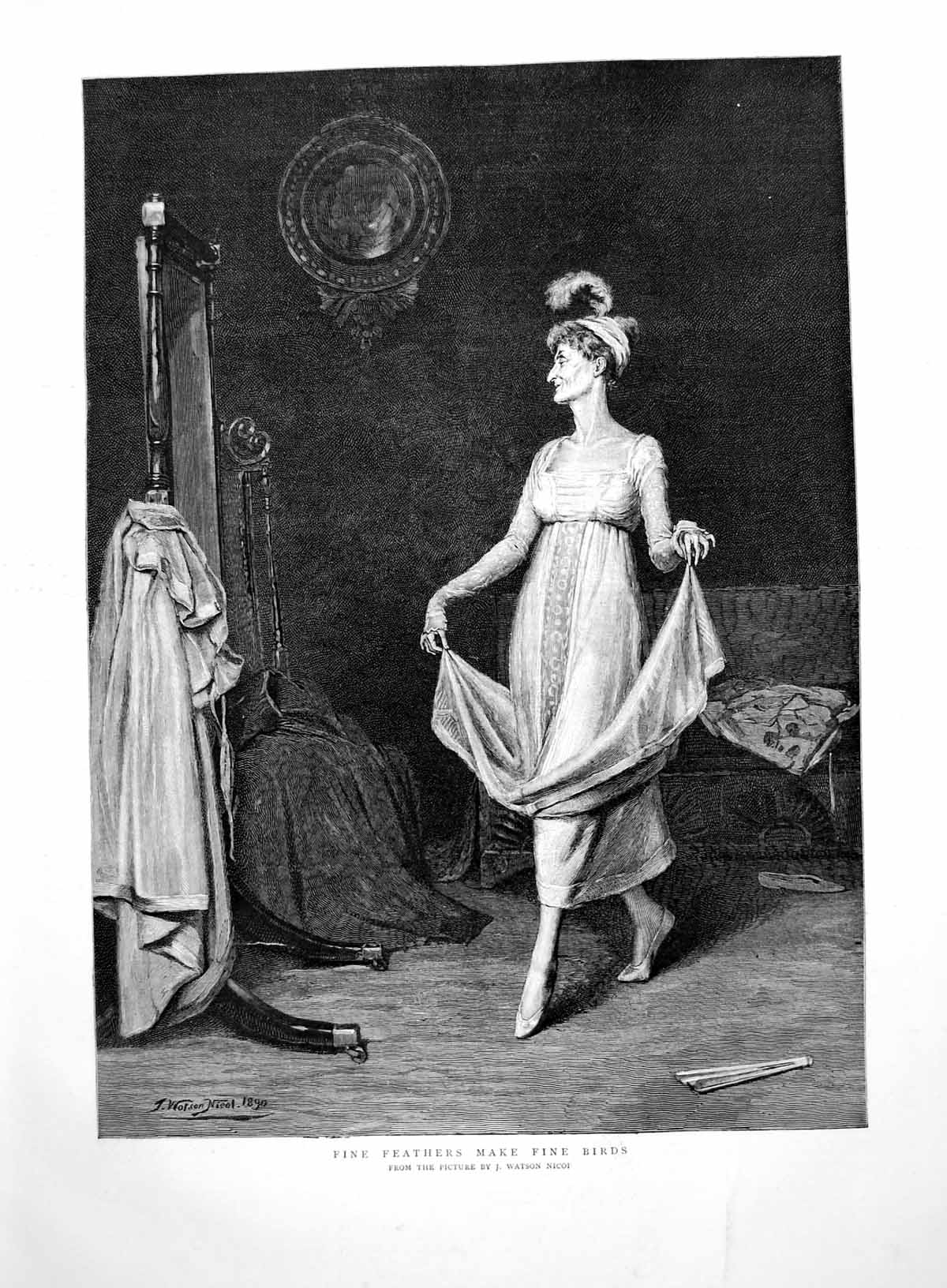 Old Print Fine Feathers Make Fine Birds J Watson Nicol Elderly Lady 1891 19th