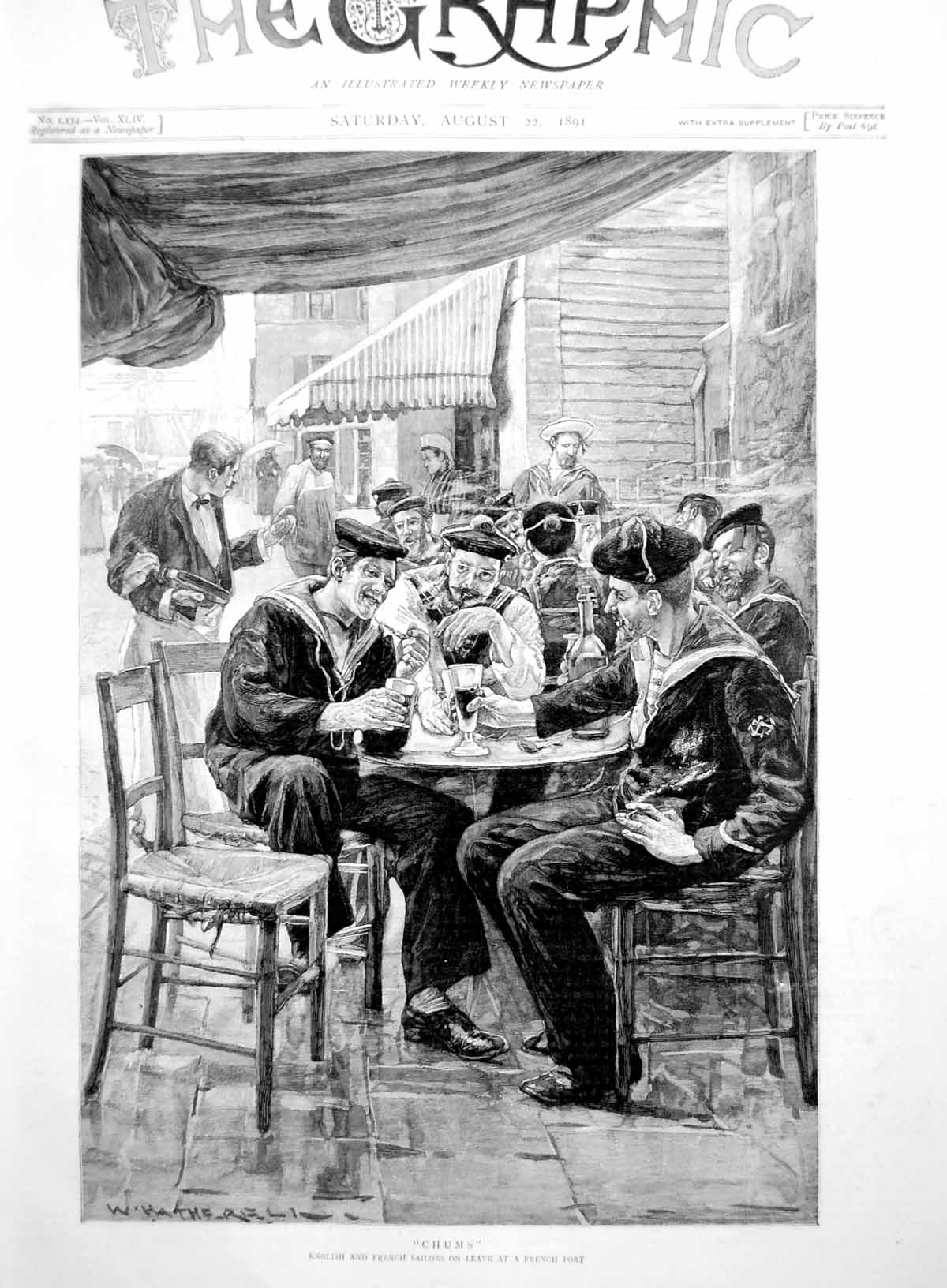 Old Print English French Sailors On Leave French Port Drinking Cafe 1891 19th