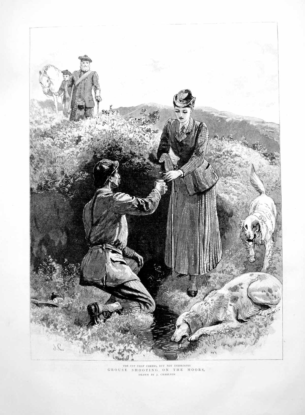 Old Print Grouse Shooting On The Moors Cup That Cheers Dogs Heather 1891 19th
