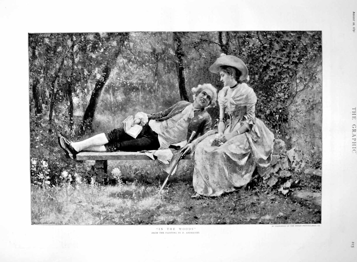 Old Print In The Woods From Painting F Andreotti Man Reclining Lady 1891 19th
