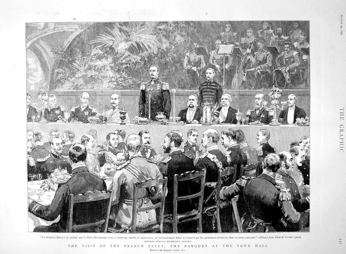 Antique Old Print Visit French Fleet Banquet Town Hall Admiral Gervais 1891