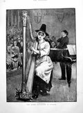 Antique Old Print Recent Eisteddfod Swansea Harpist Hat Audience Piano 1891
