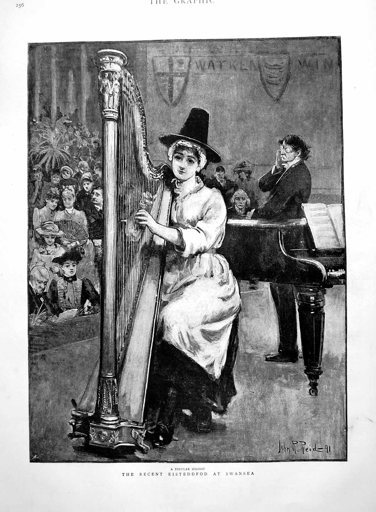 Antique Old Print Recent Eisteddfod Swansea Harpist Hat Audience Piano 1891