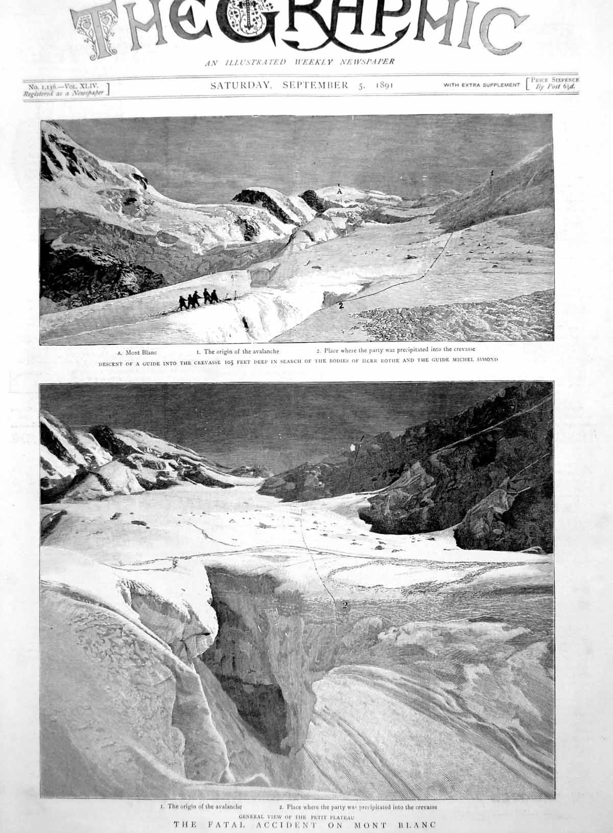 Old Print Fatal Accident On Mont Blanc Avalanche Crevasse Herr Rothe 1891 19th