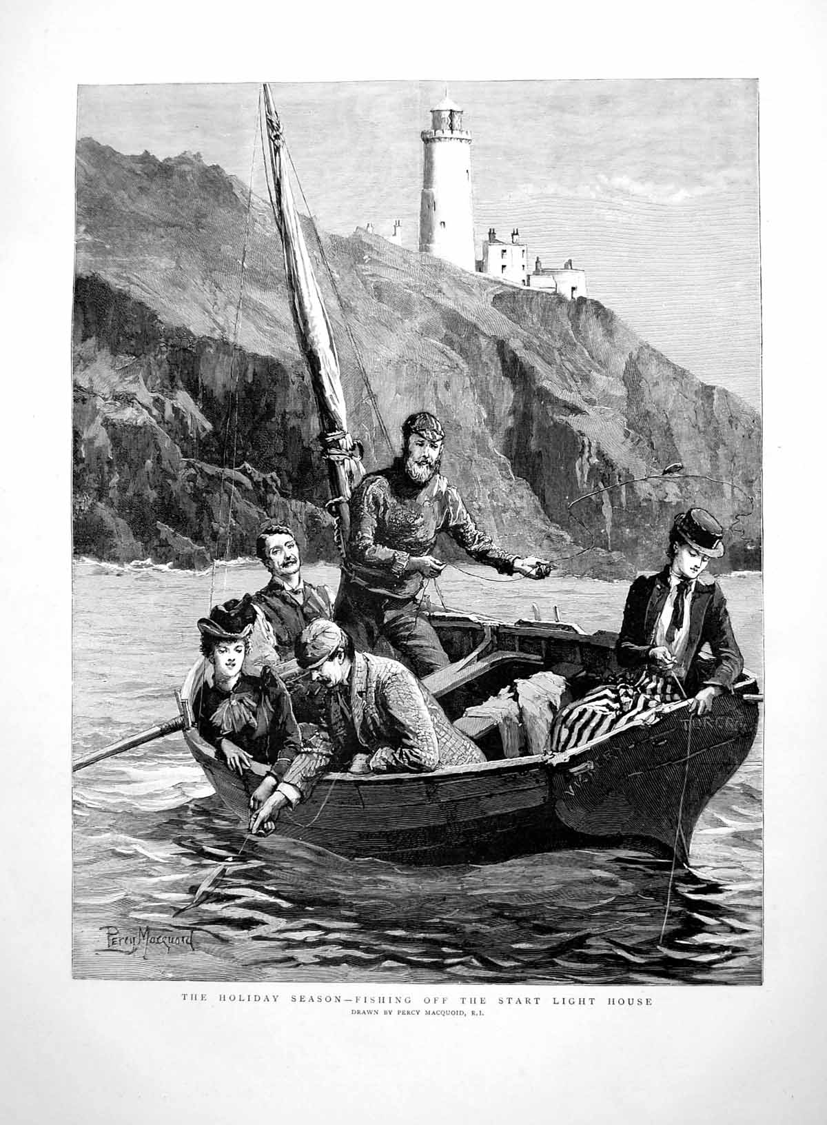 Old Print Holiday Season Fishing Off The Start Lighthouse P Macquoid 1891 19th