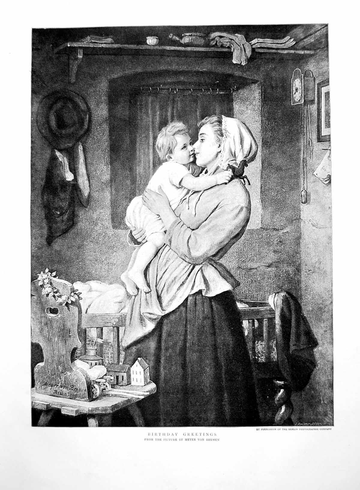 Old Print Birthday Greetings Mother Child Meyer Von Bremen Cot Toys 1891 19th