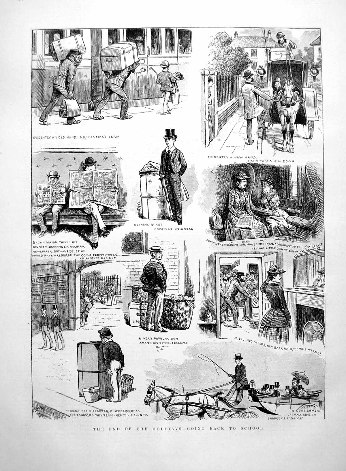 Old Print End Holidays Going Back To School Small Boys Trunks Train 1891 19th