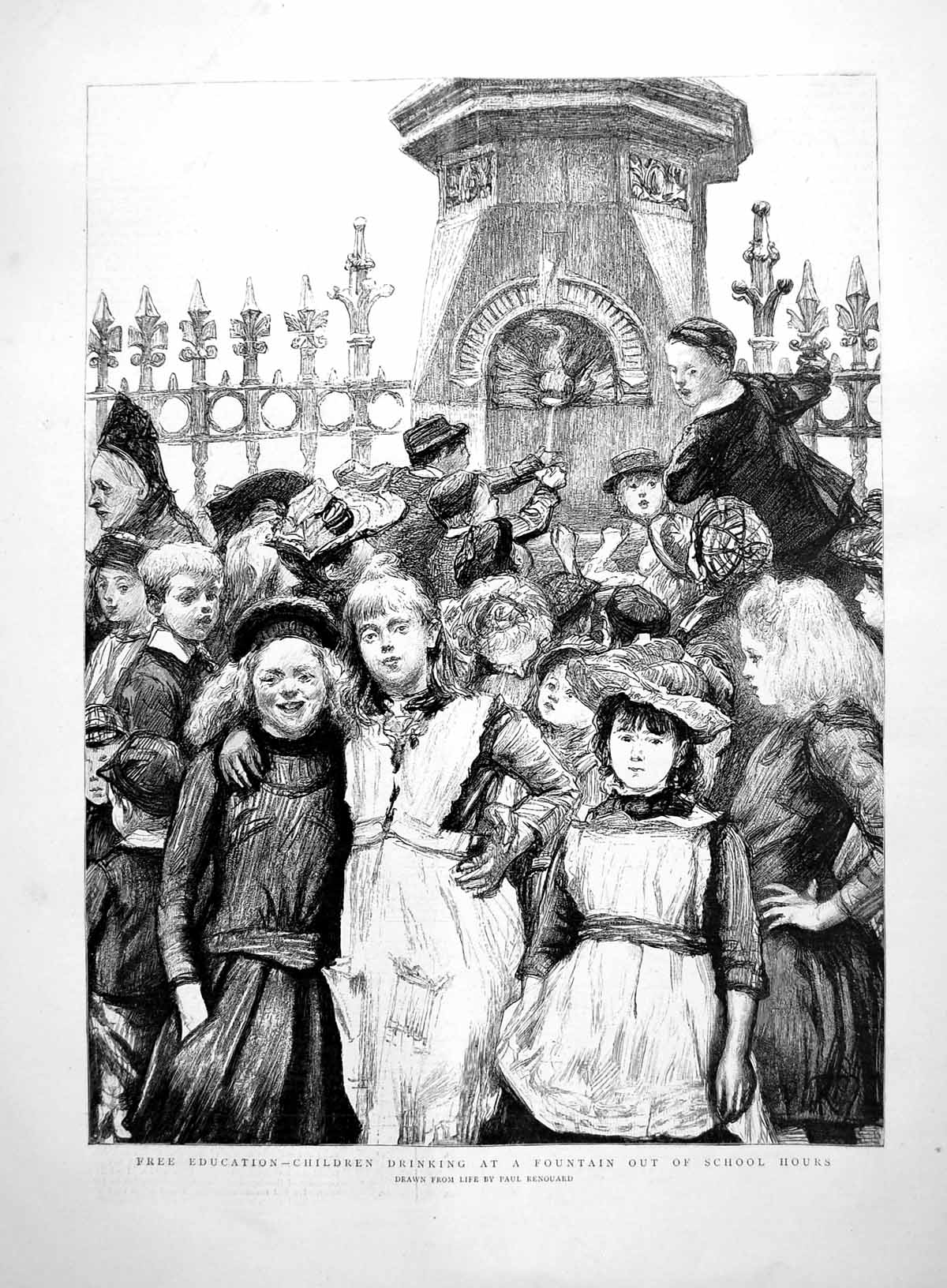 Antique Print Free Education Children Drinking At Fountain Out School 1891 19th