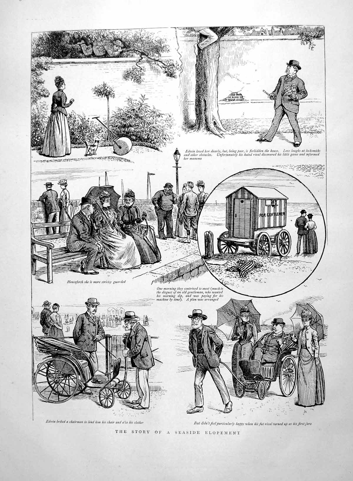 Old Print Seaside Elopement Garden Wall Tree Bathing Hut Bath Chair 1891 19th