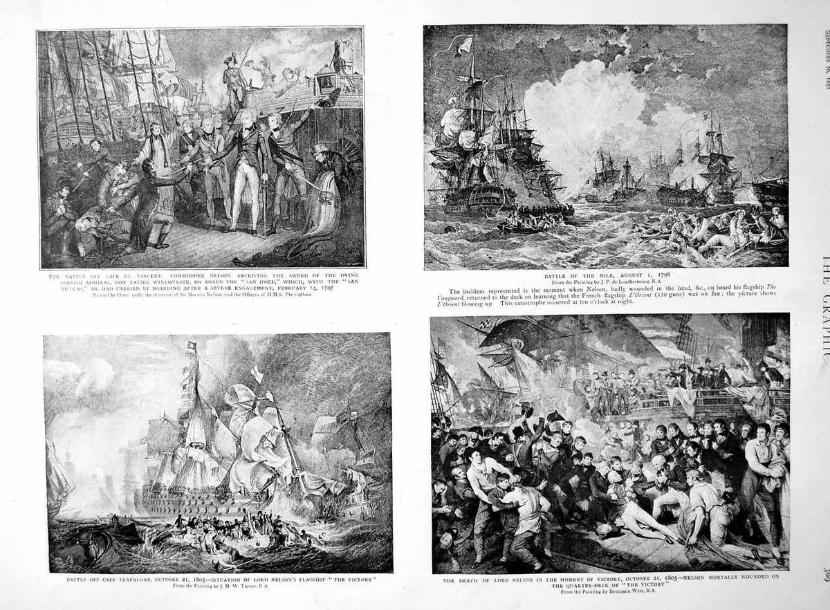 Old Print Nelson Battles St Vincent Nile Trafalgar Mortally Wounded 1891 19th