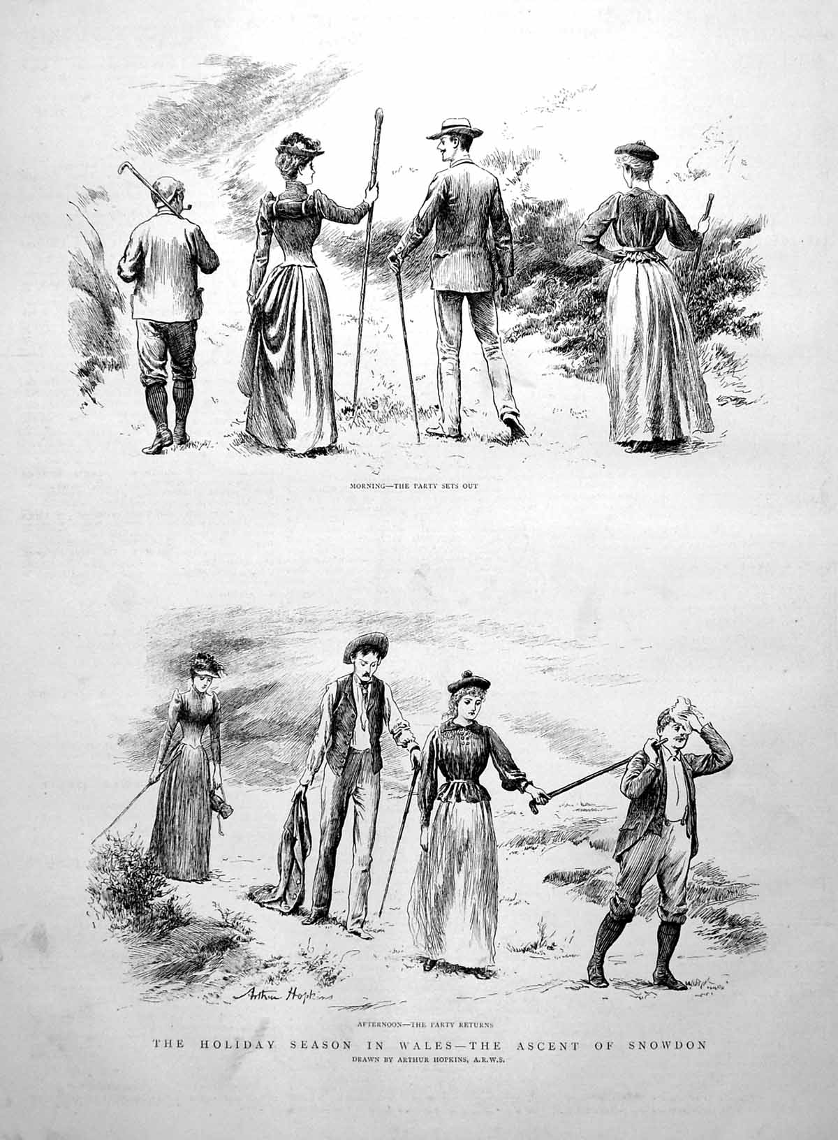 Old Antique Print Holiday Season Wales Ascent Snowdon Party Sets Out 1891 19th