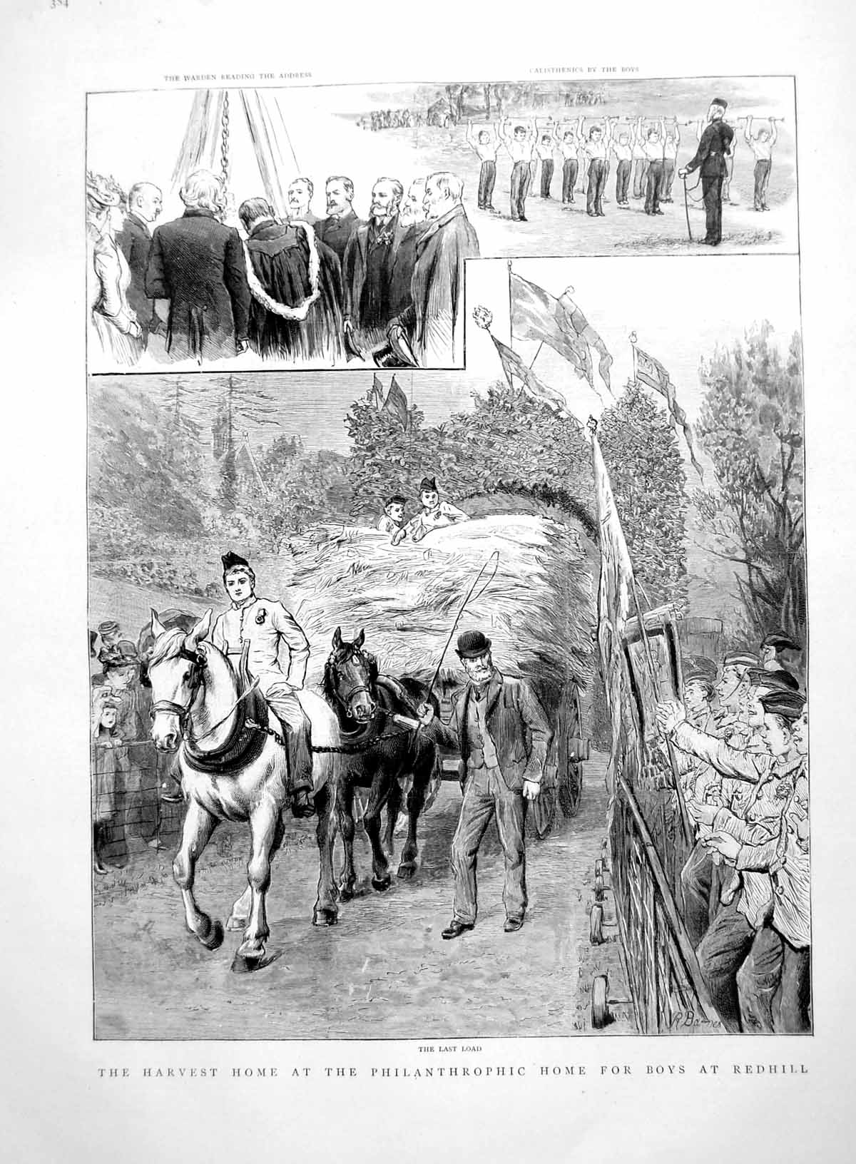 Antique Old Print Harvest Home At Philanthropic For Boys Redhill Horses 1891