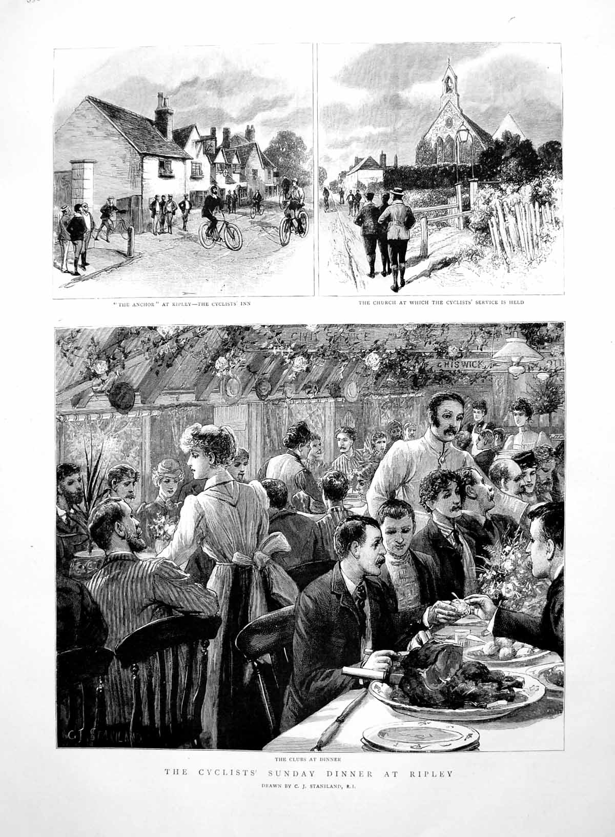 Antique Old Print Cyclist'S Sunday Dinner At Ripley Anchor Inn Church 1891 19th