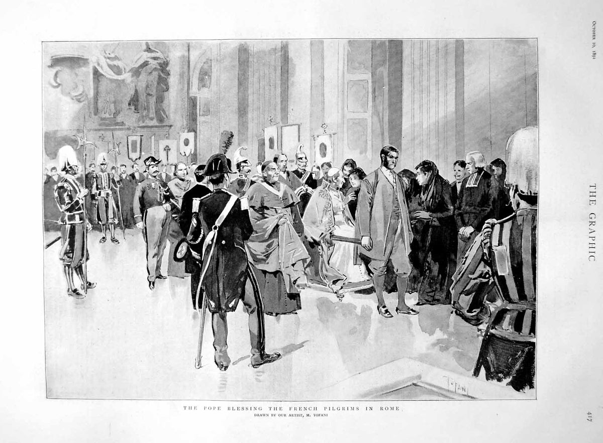 Antique Old Print Pope Blessing French Pilgrims In Rome M Tofani Indoors 1891