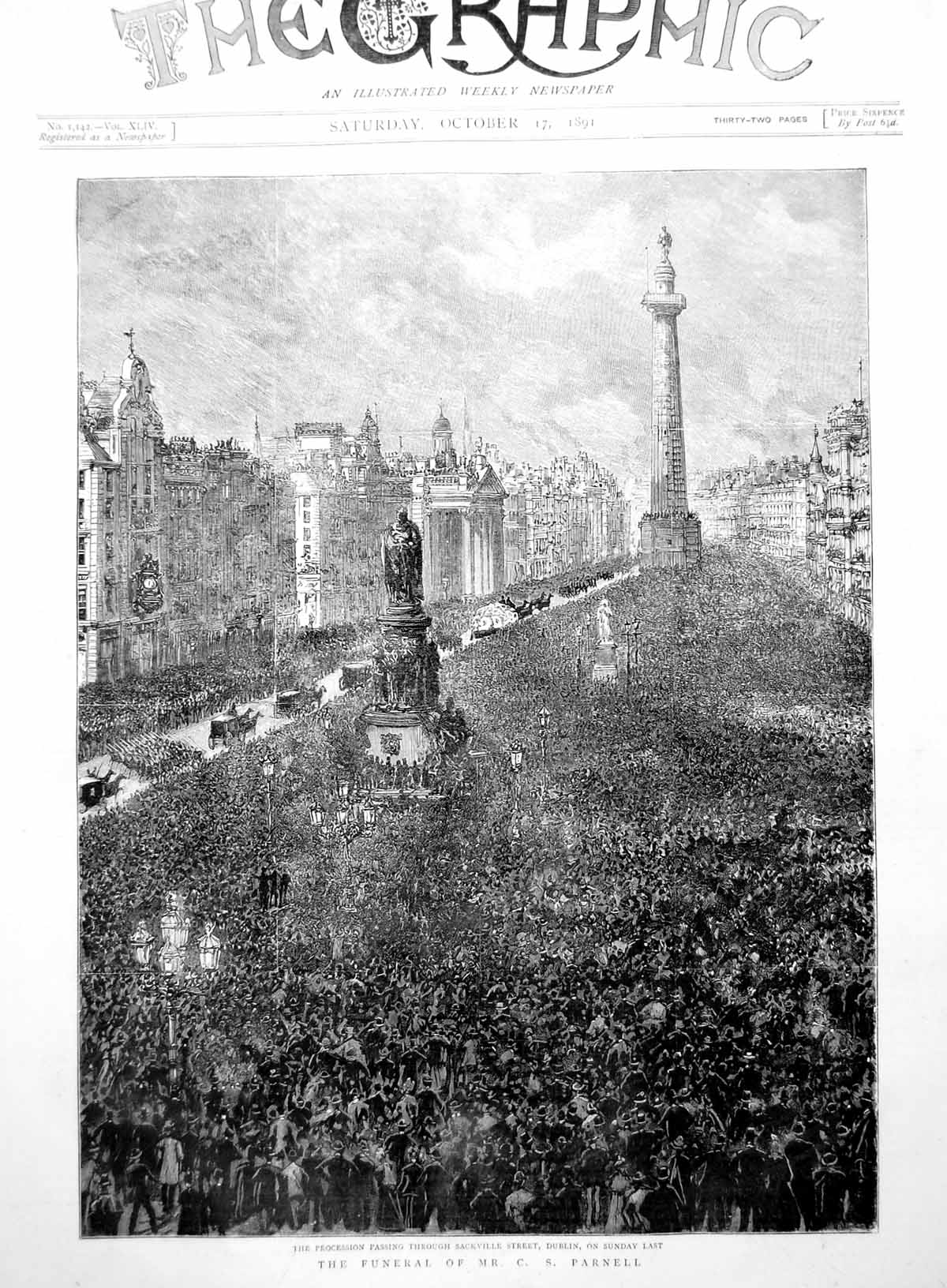 Antique Old Print Funeral Mr Cs Parnell Procession Sackville St Dublin 1891