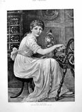 Antique Old Print The Spinster Edwin Long Lady Long Dress Spinning Wheel 1891