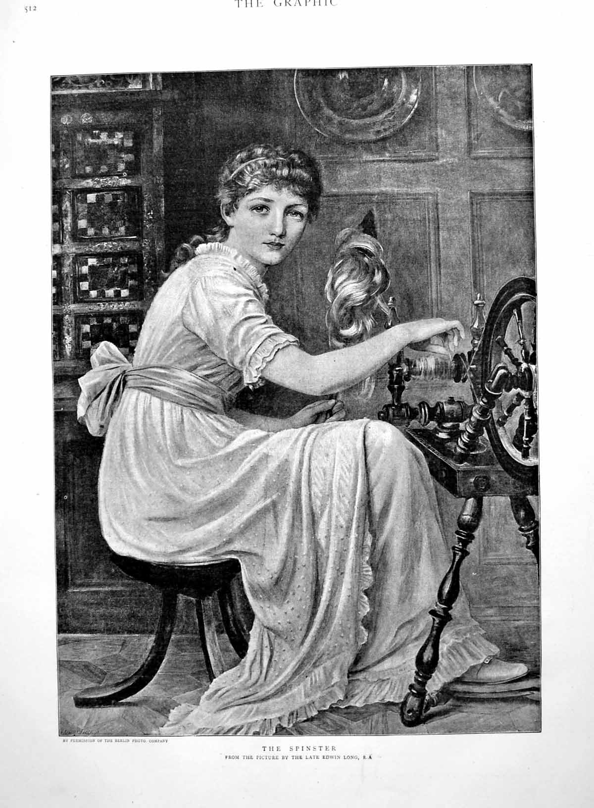 Antique Old Print The Spinster Edwin Long Lady Long Dress Spinning Wheel 1891