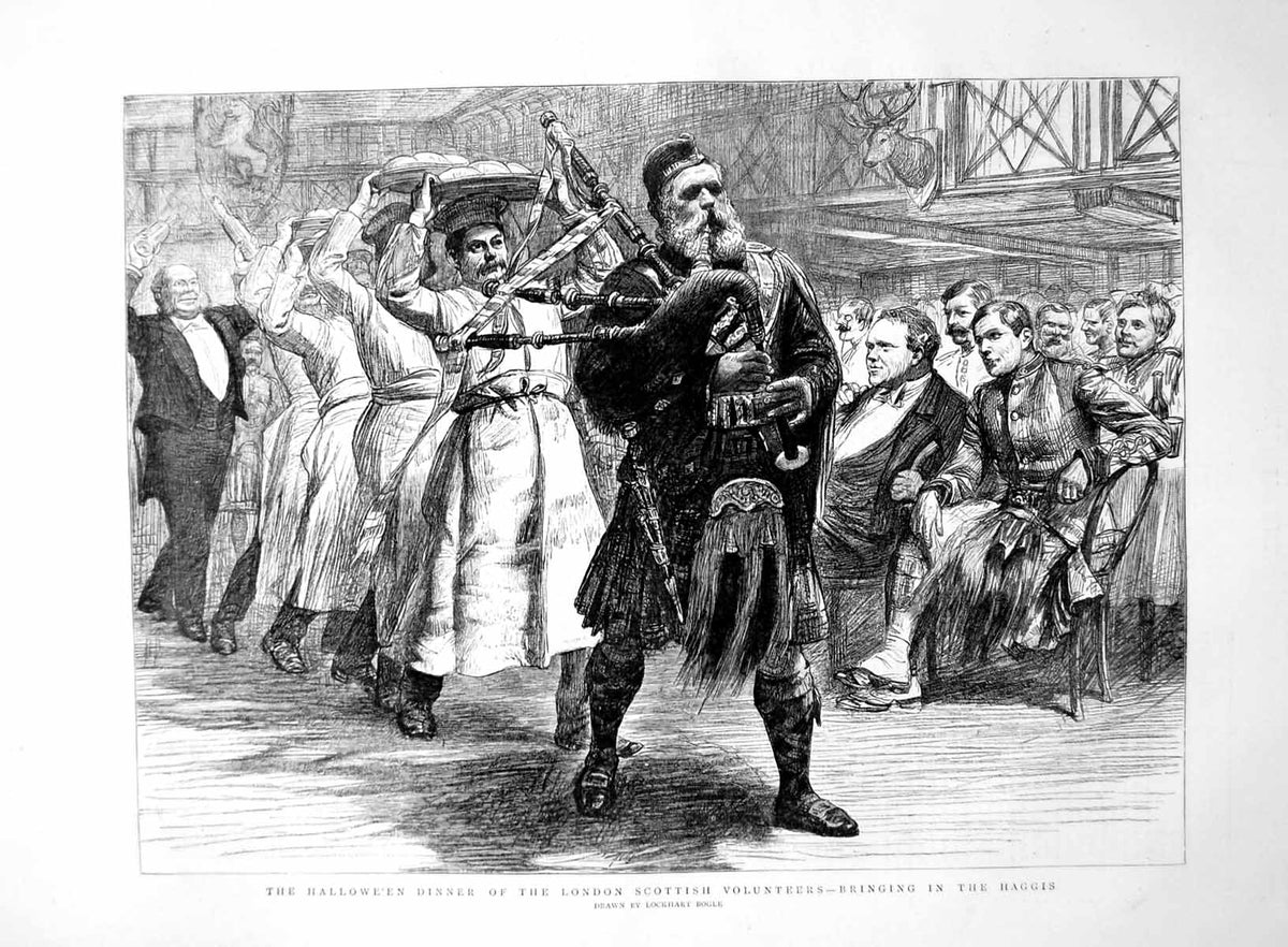 Old Print Hallowe'En Dinner London Scottish Volunteers Haggis Piper 1891 19th