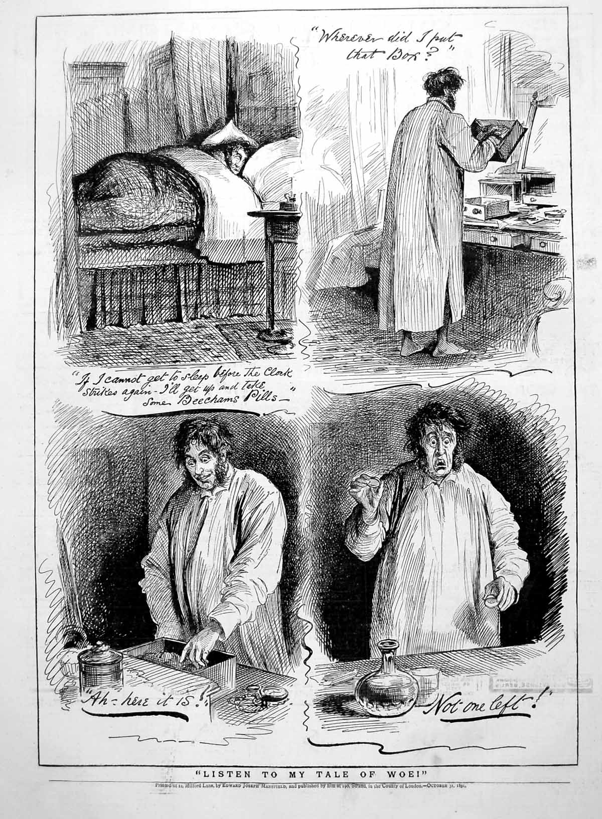 Antique Old Print Tale Woe Man Awake Night Looking For Beechams Pills 1891 19th