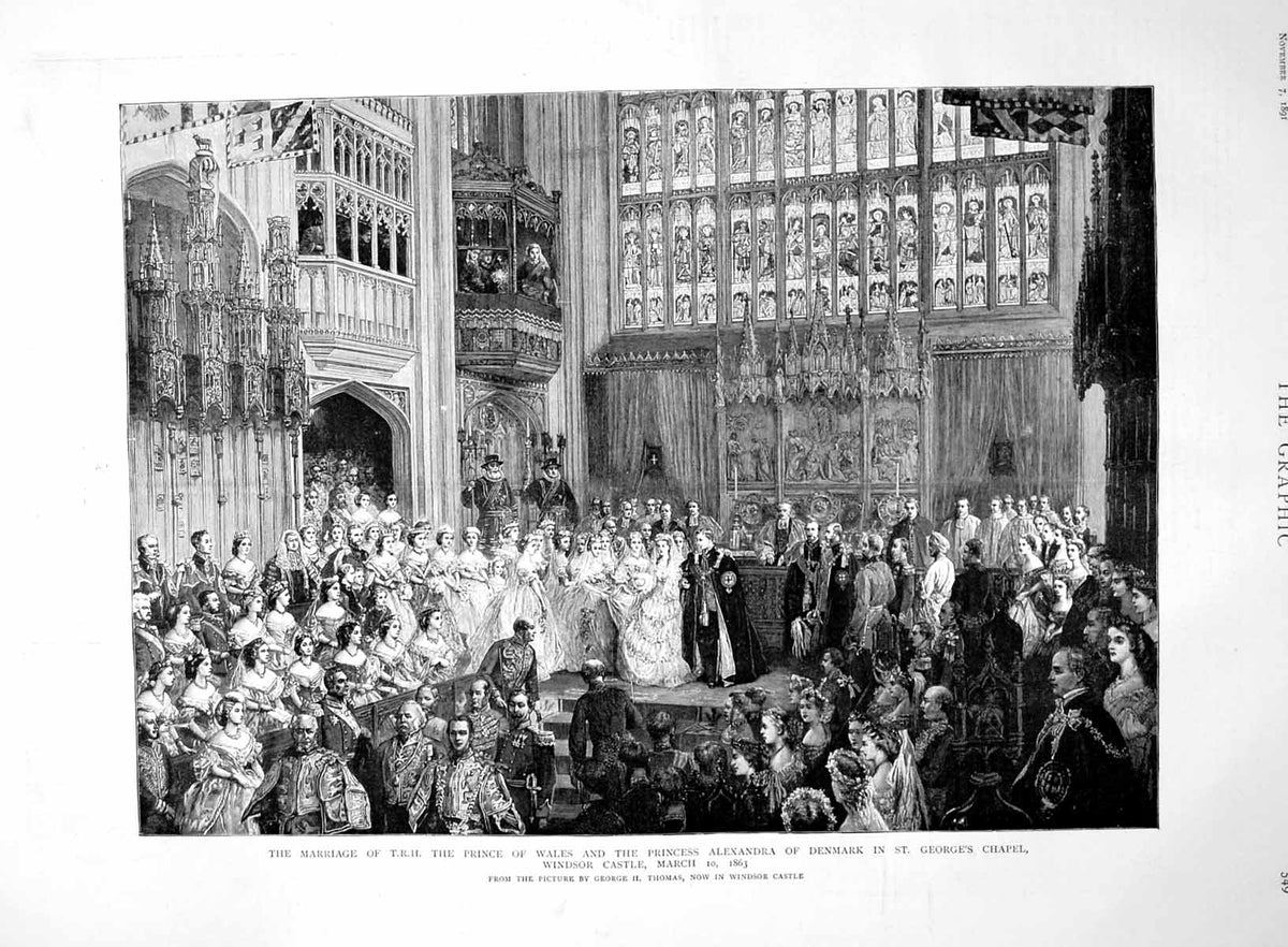 Old Print Marriage Windsor Castle 1863 Illness Prince Wales Recovery 1891 19th