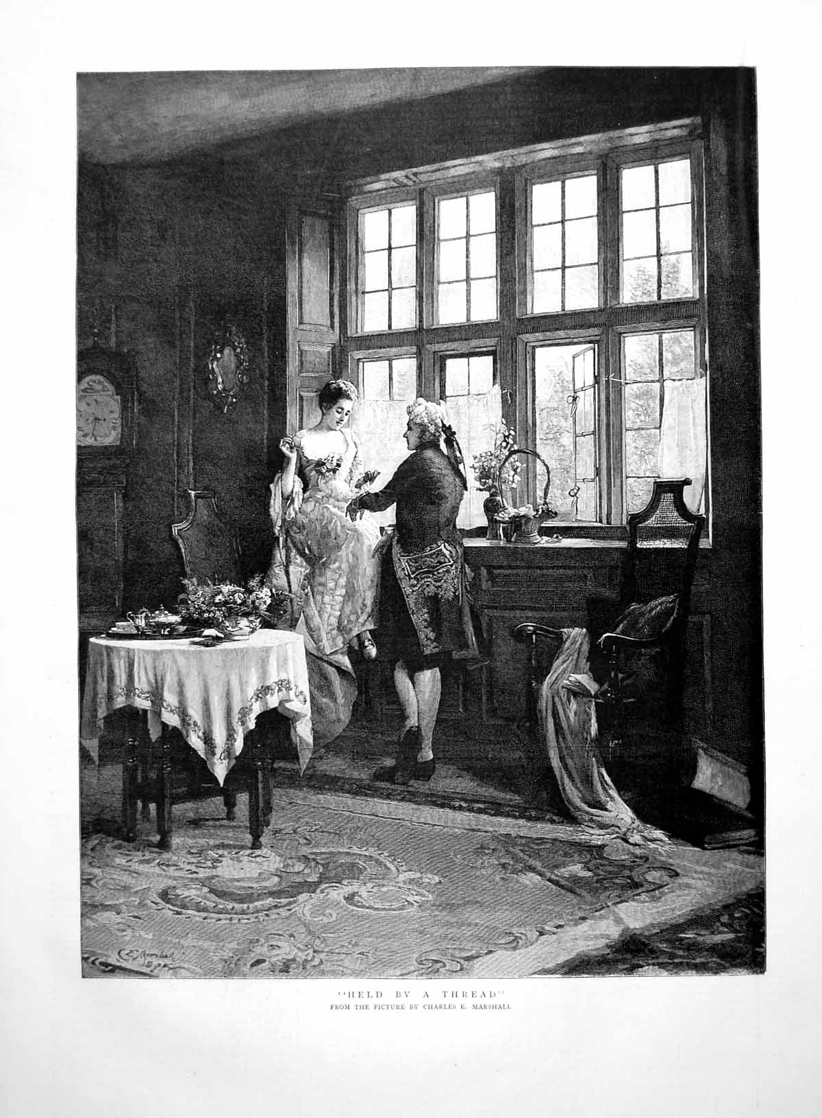 Old Print Held By A Thread Charles E Marshall Lady Seated Window Man 1891 19th