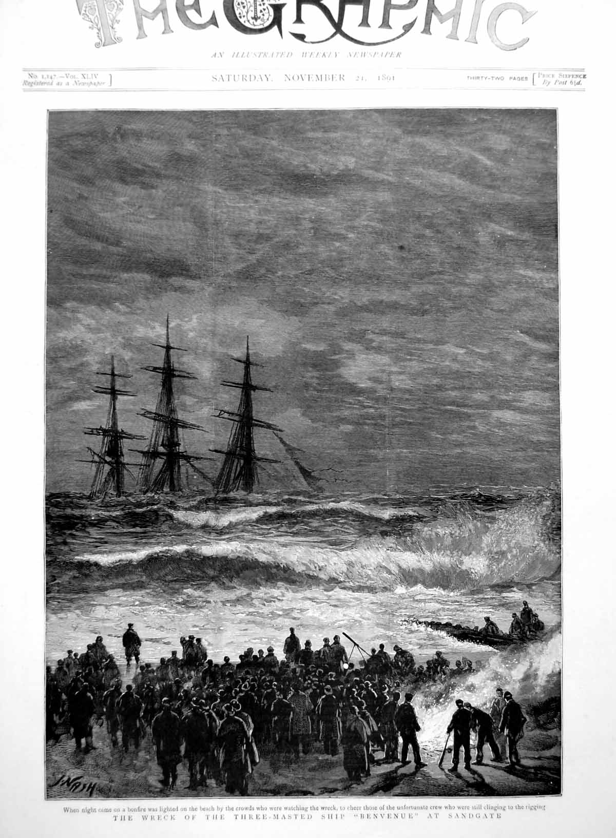Antique Old Print Wreck Three-Masted Ship Benvenue Sandgate Onlookers 1891 19th