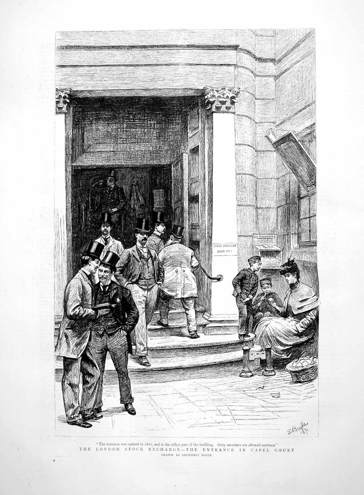 Antique Old Print London Stock Exchange Entrance In Capel Court L Bogle 1891