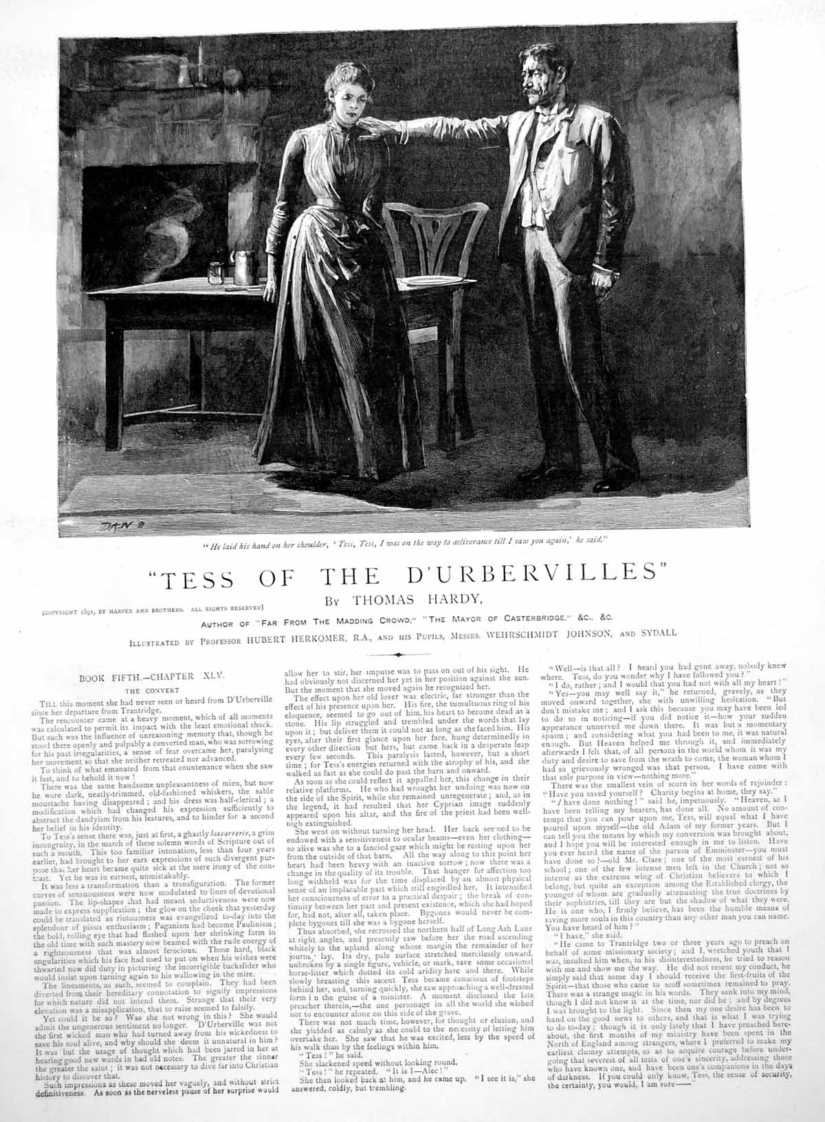 Antique Old Print Thomas Hardy'S Tess D'Urbervilles Man Hand On Shoulder 1891