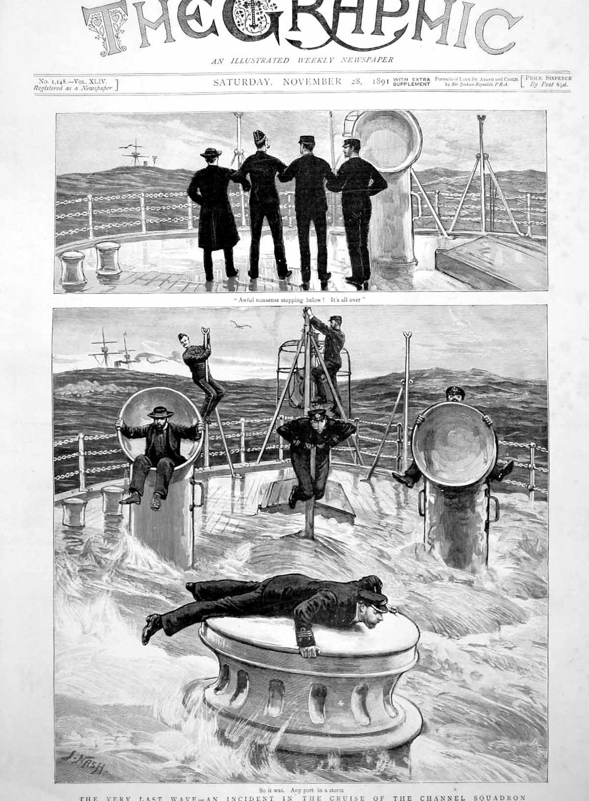 Antique Old Print Very Last Wave Incident Cruise Channel Squadron Navy 1891
