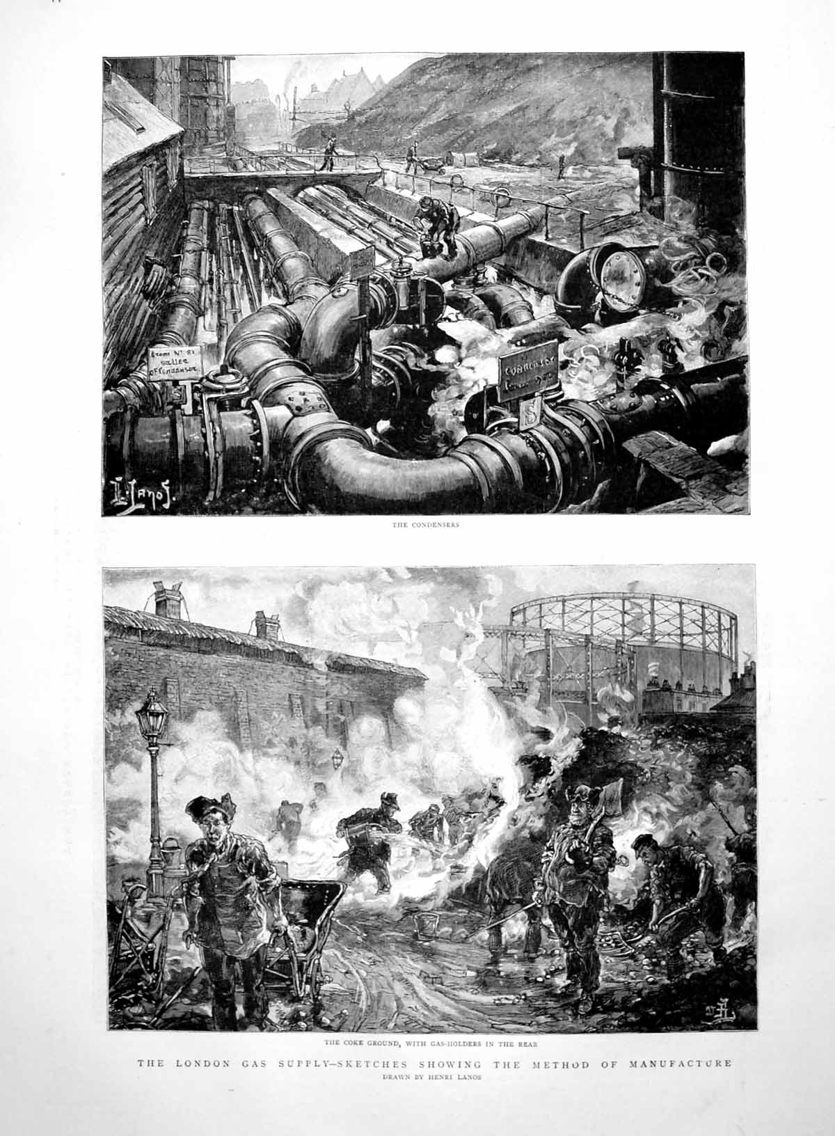 Old Antique Print London Gas Supply Condensers Coke Ground Gas Hers 1891 19th