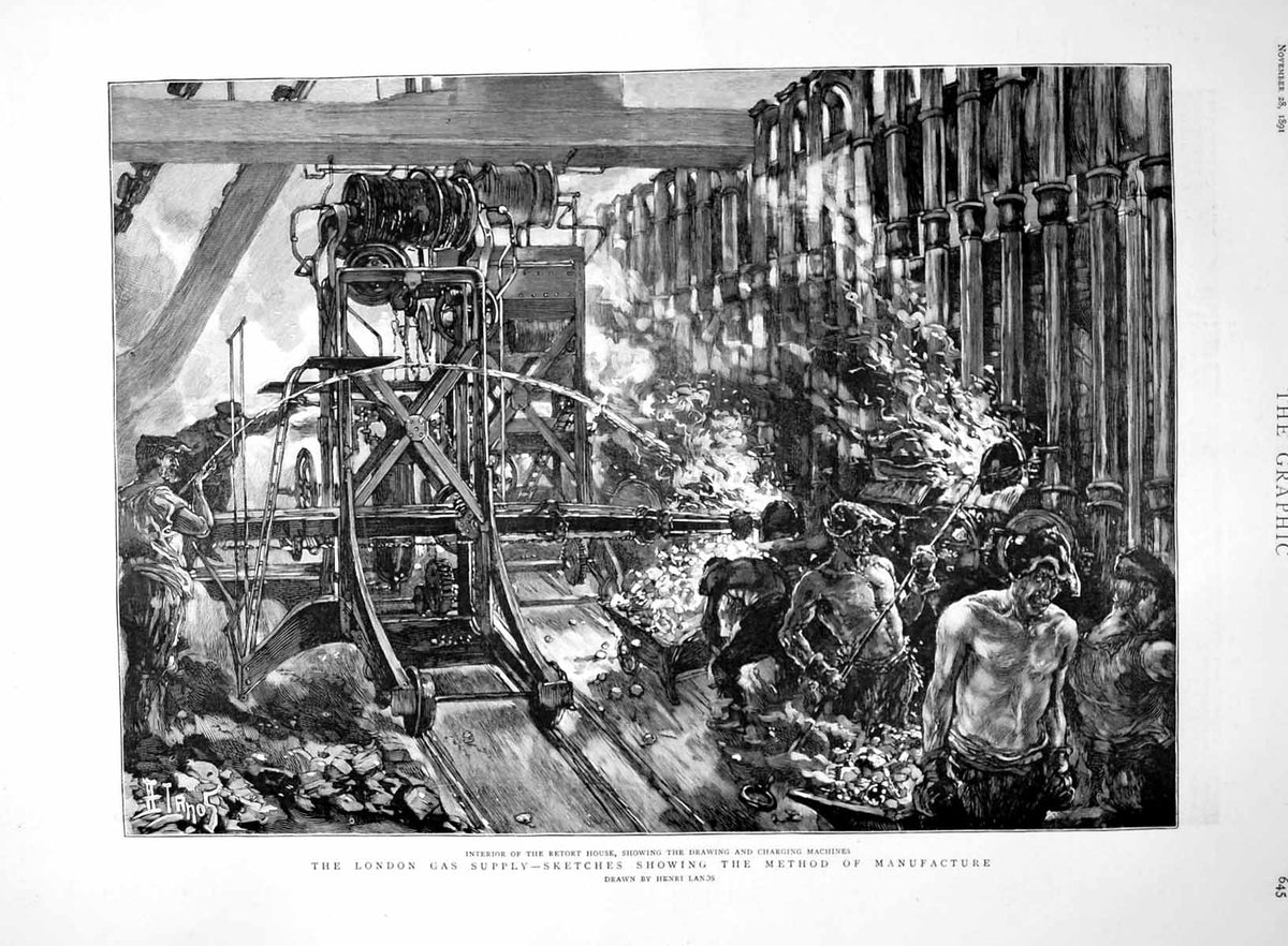 Antique Print London Gas Supply Interior Retort House Drawing Charging 1891