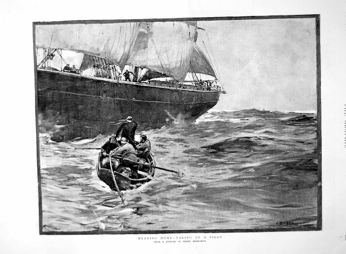 Old Print Nearing Home Taking Pilot F Brangwyn Marlborough Barracks 1891 19th