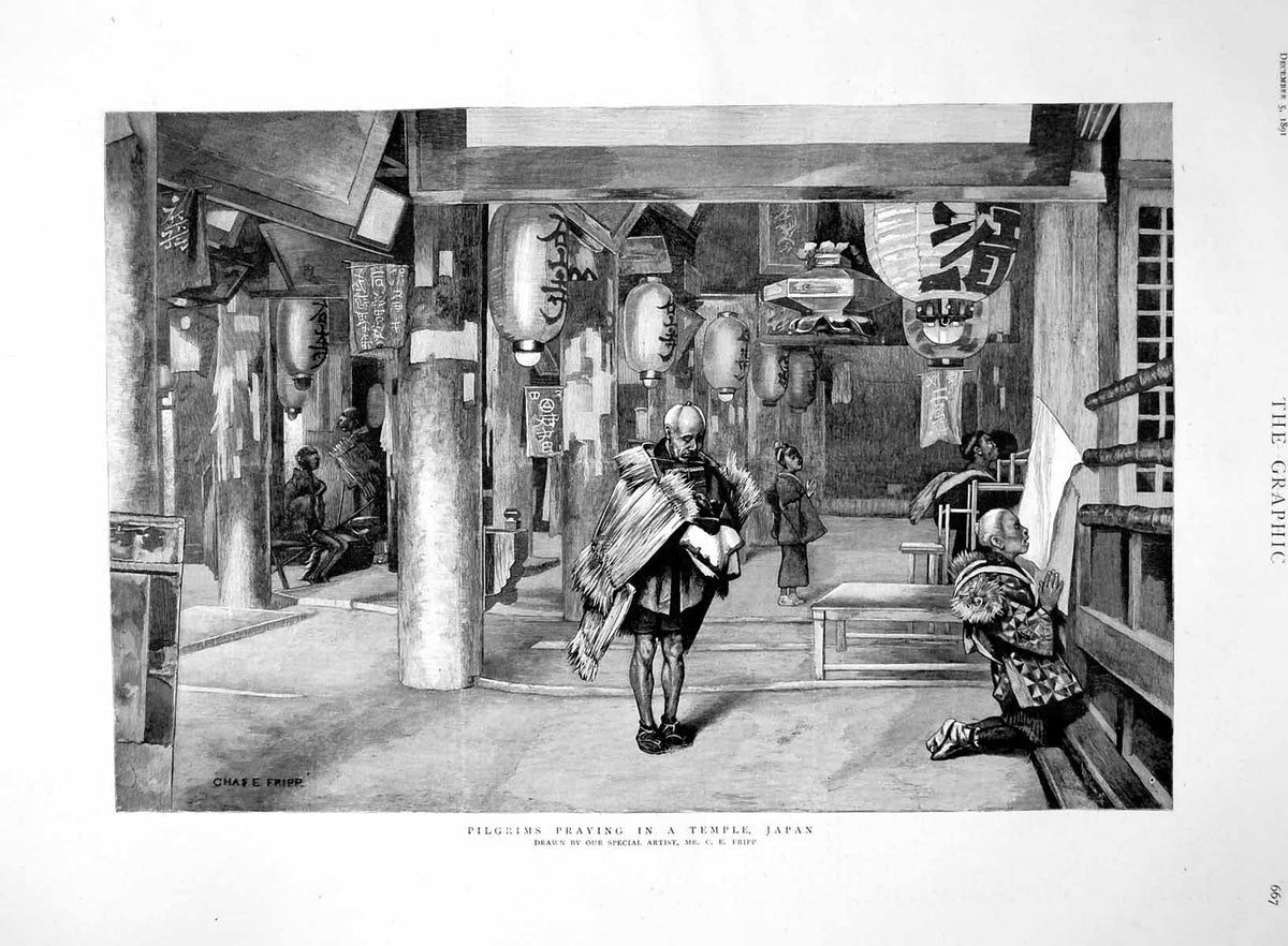 Old Print Pilgrims Praying In A Temple Japan Ce Fripp Straw Lanterns 1891 19th