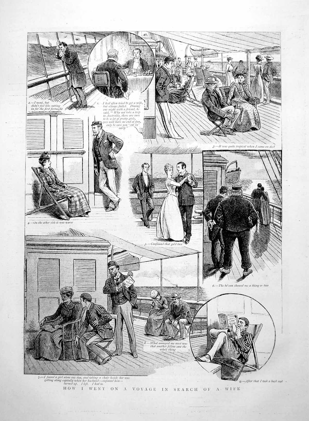 Antique Old Print Man Goes On Voyage In Search Wife Deck Scenes Couples 1891