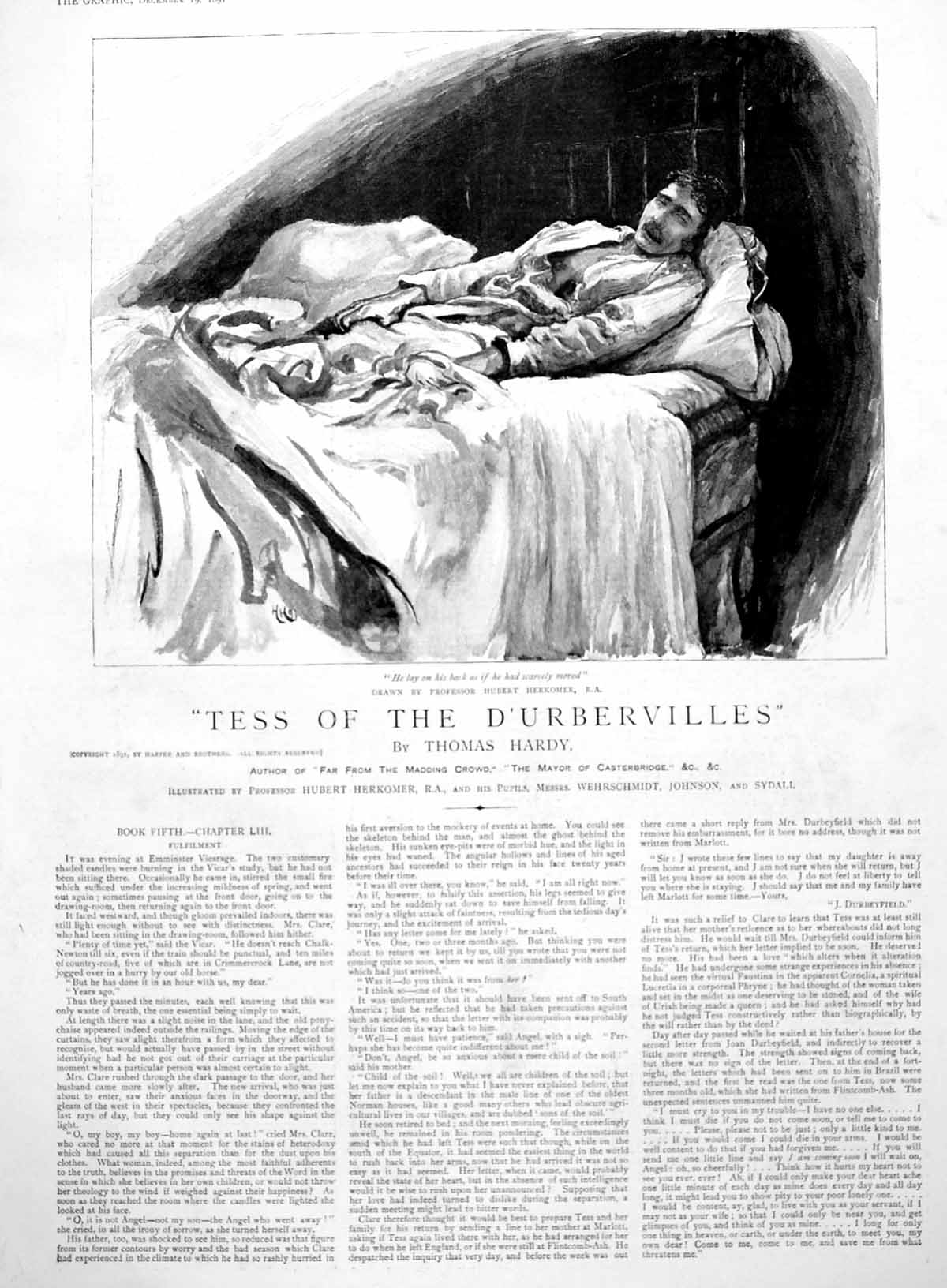 Old Print Thomas Hardy'S Tess D'Urbervilles Man Laying Bed Herkomer 1891 19th