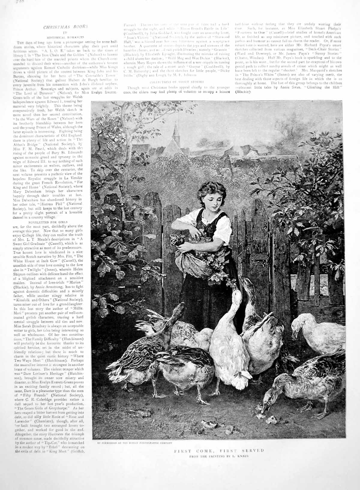 Antique Print First Come First Served L Knaus Lass Feeding Geese Ducks 1891