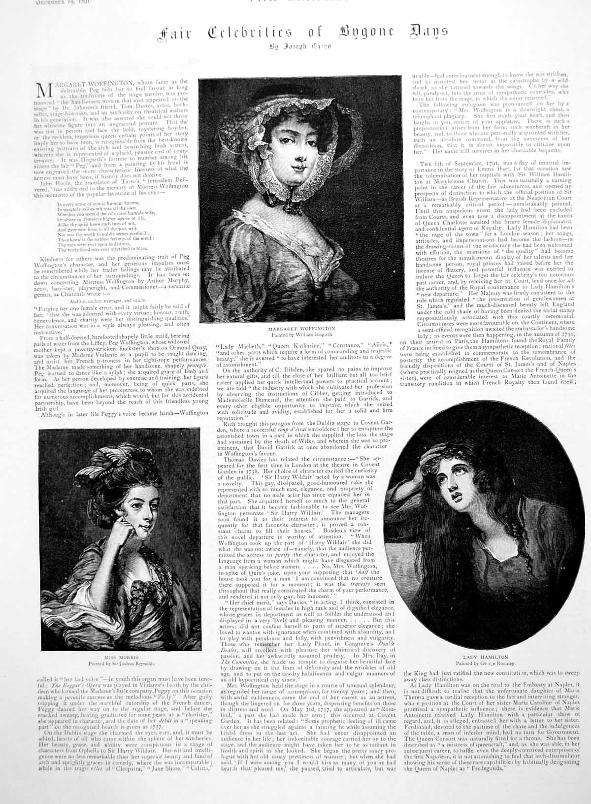 Antique Old Print Celebrities Woffington Morris Hamilton Jordan Caroline 1891