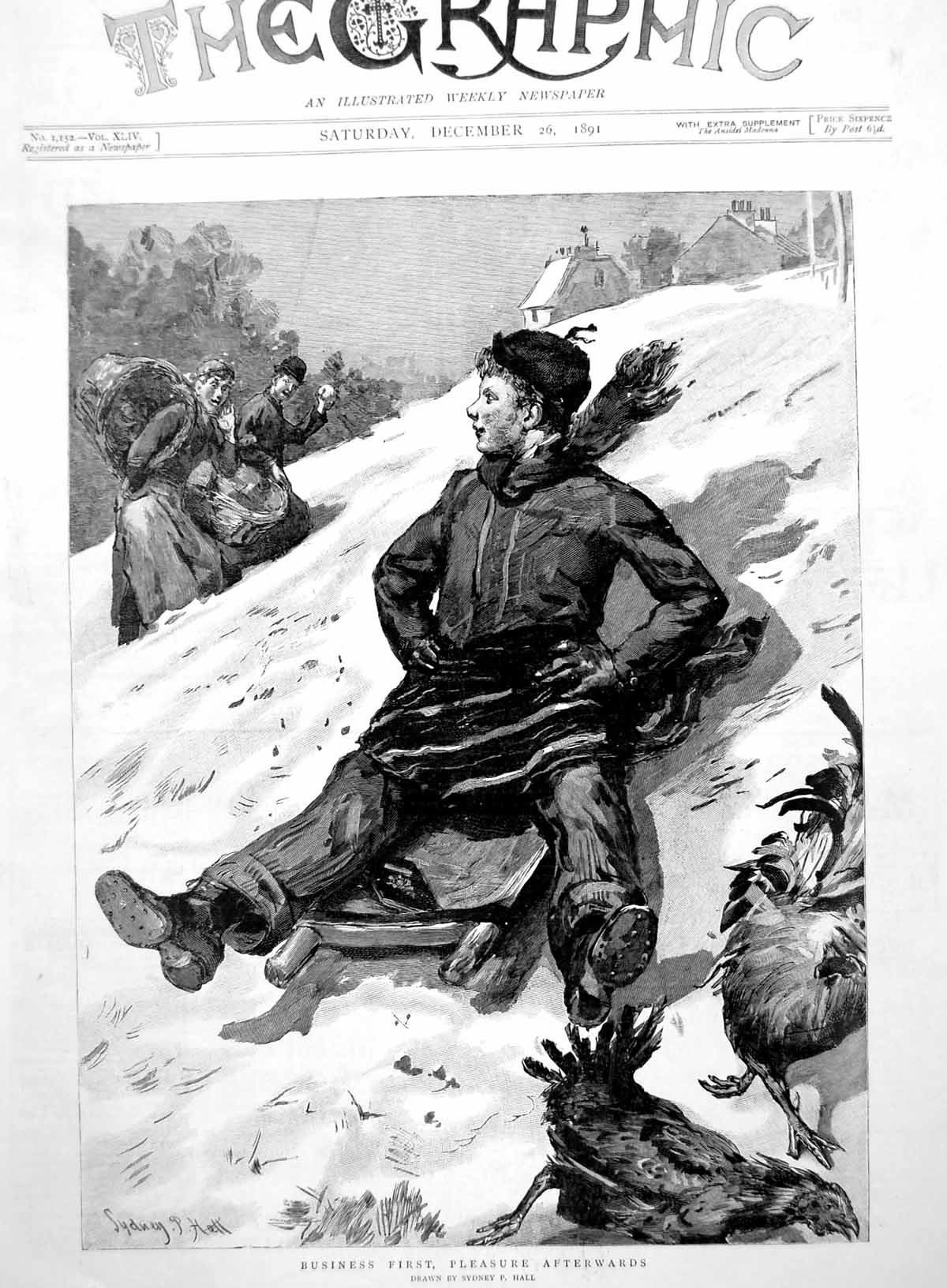 Antique Print Business First Pleasure Afterwards Sydney Hall Sledging 1891 19th